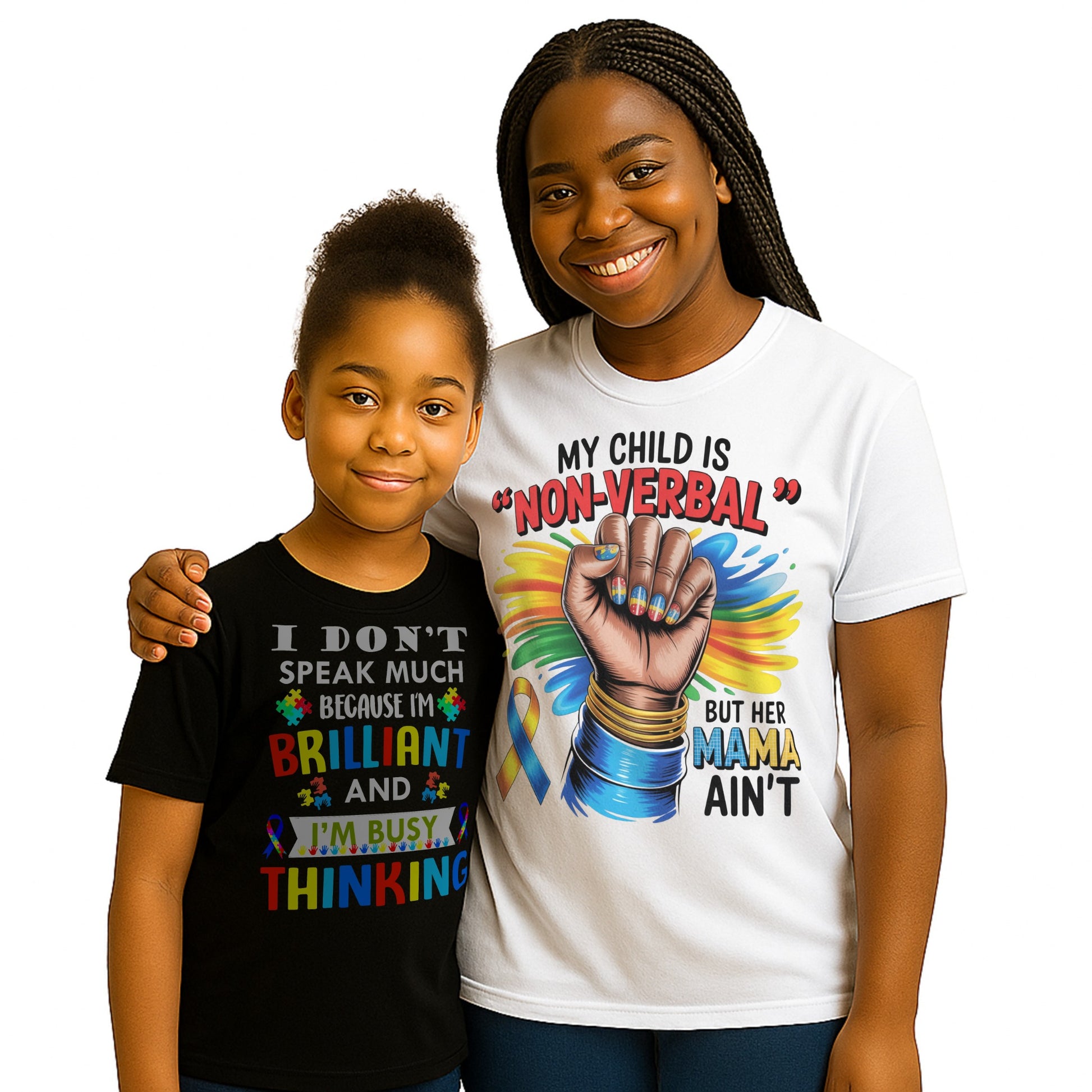 “Autism Awareness Mom T-Shirt with quote My Child Is Non-Verbal But Her Mama Ain’t, colourful ribbon and fist design”