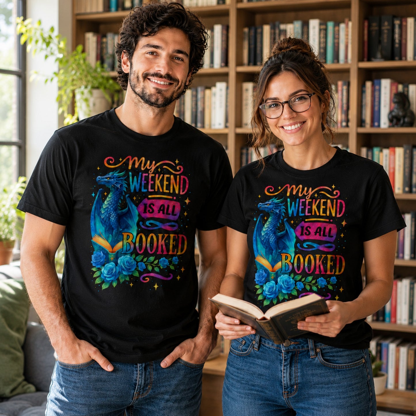 Man and woman wearing My Weekend Is All Booked book lover t-shirts featuring a blue fantasy dragon and enchanted book design while standing in a home library surrounded by bookshelves.