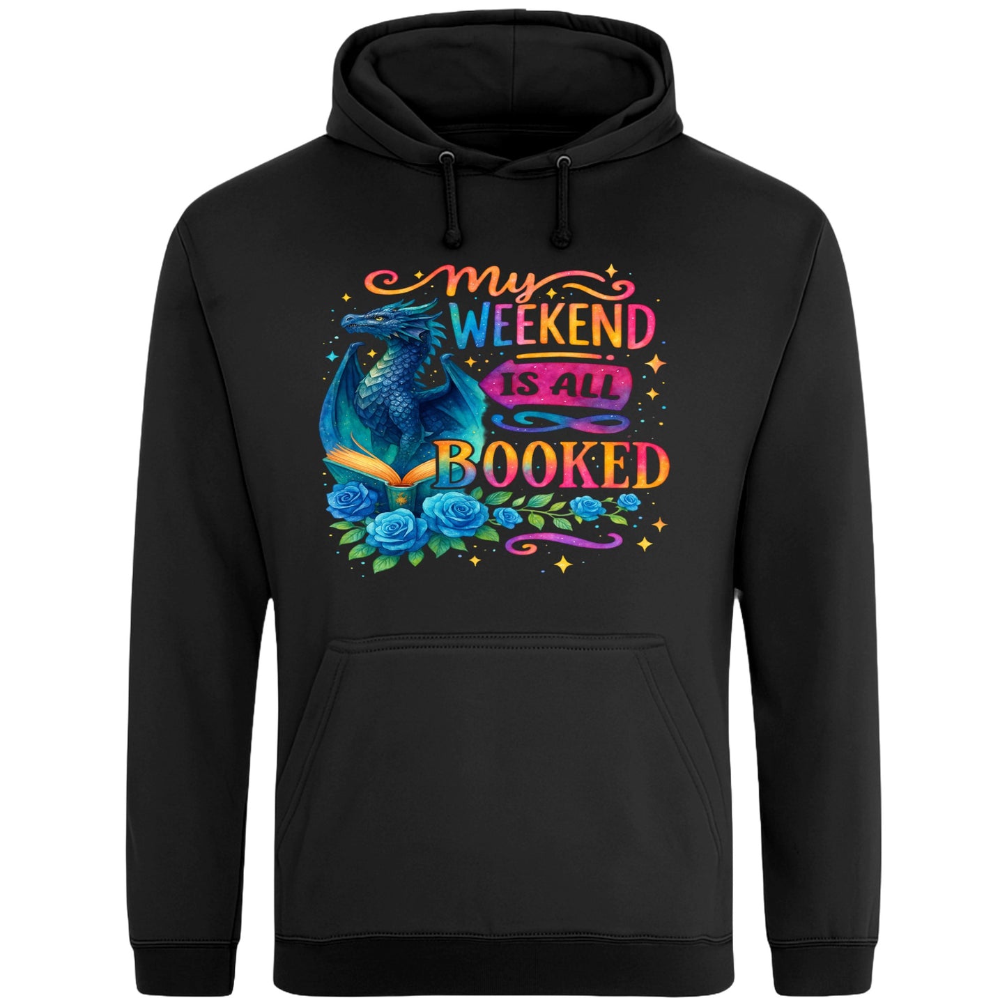 A black My Weekend Is All Booked book lover hoodie with blue dragon and open book artwork, cosy reader hoodie for fantasy readers, bookworms, and dragon fans.