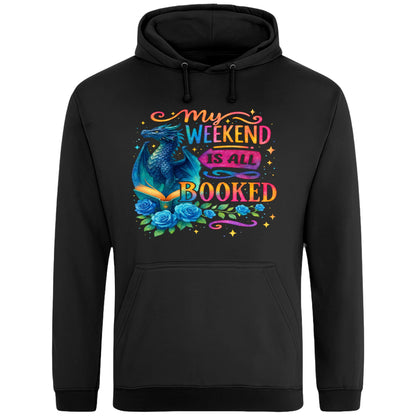 A black My Weekend Is All Booked book lover hoodie with blue dragon and open book artwork, cosy reader hoodie for fantasy readers, bookworms, and dragon fans.
