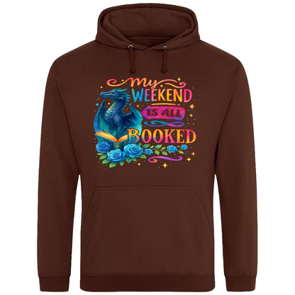 A chocolate brown colour My Weekend Is All Booked book lover hoodie with blue dragon and open book artwork, cosy reader hoodie for fantasy readers, bookworms, and dragon fans.