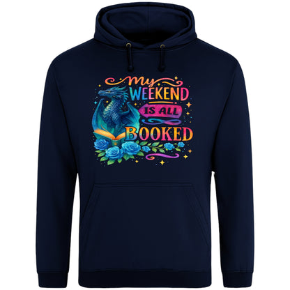 A navy My Weekend Is All Booked book lover hoodie with blue dragon and open book artwork, cosy reader hoodie for fantasy readers, bookworms, and dragon fans.