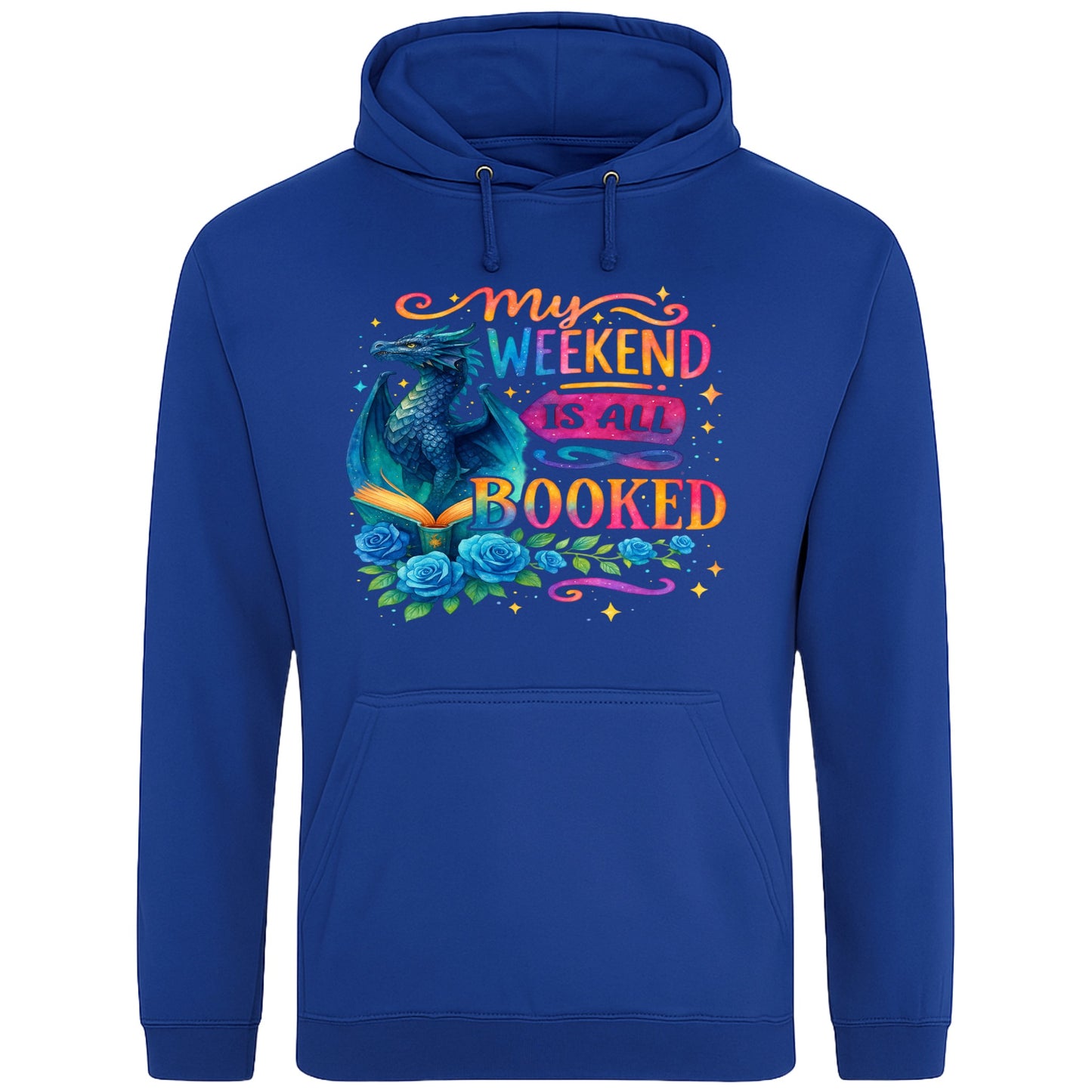 A royal blue  My Weekend Is All Booked book lover hoodie with blue dragon and open book artwork, cosy reader hoodie for fantasy readers, bookworms, and dragon fans.