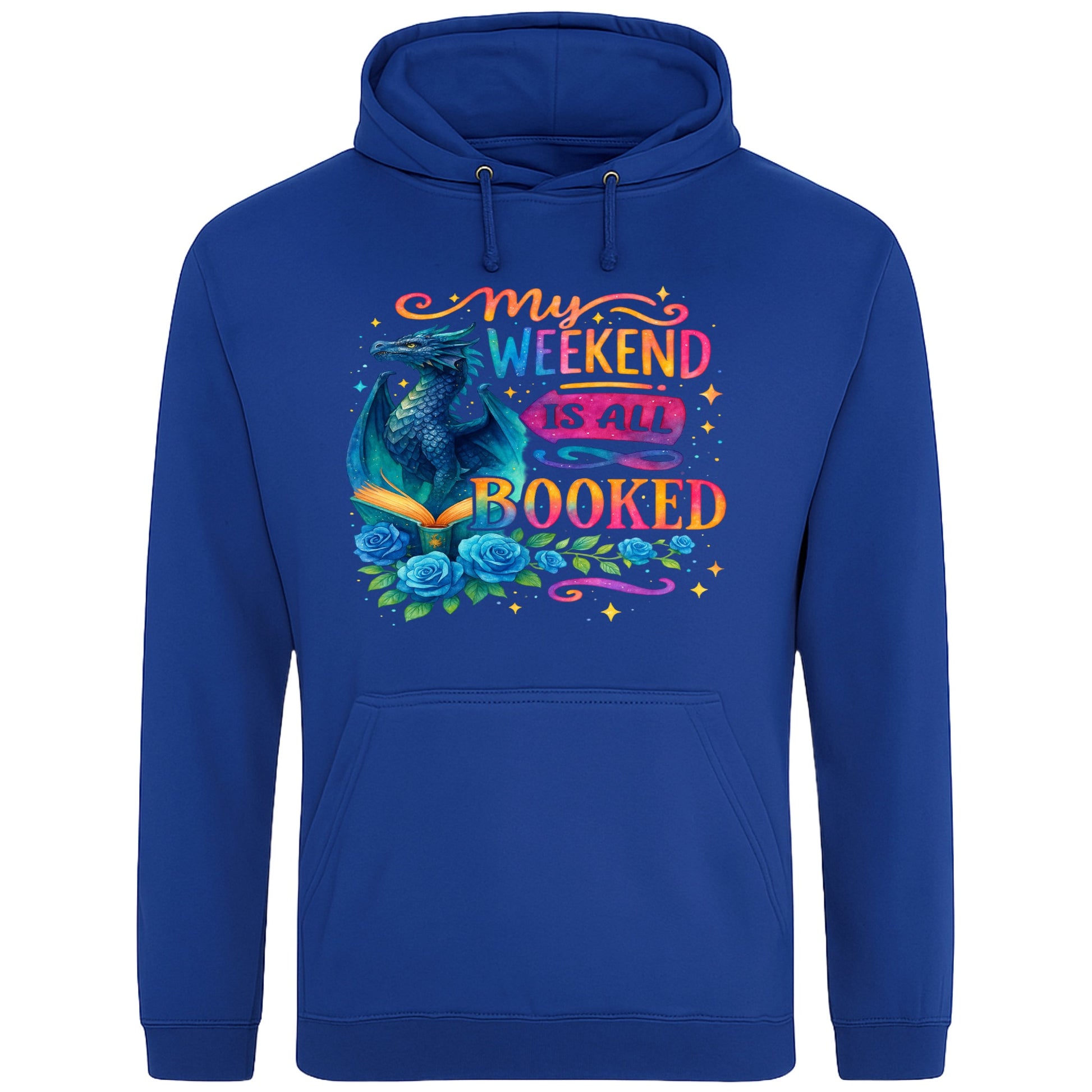 A royal blue  My Weekend Is All Booked book lover hoodie with blue dragon and open book artwork, cosy reader hoodie for fantasy readers, bookworms, and dragon fans.