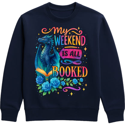 Cosy navy sweatshirt with whimsical blue dragon, roses, and “My Weekend Is All Booked” — the ultimate book lover’s outfit