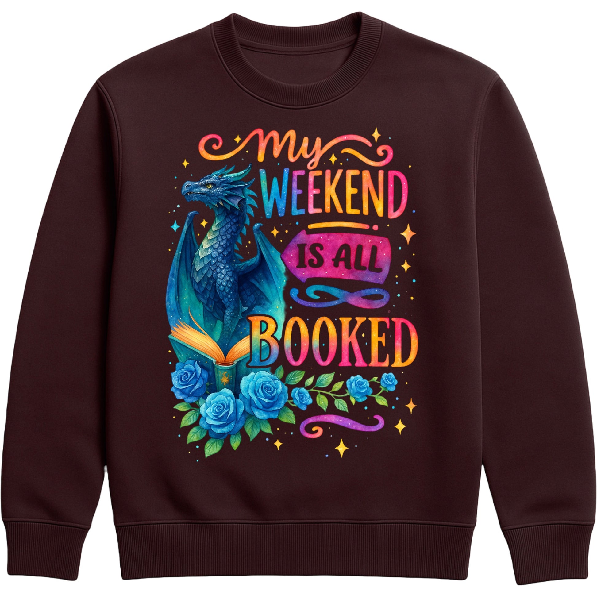 Cosy hot chocolate colour sweatshirt with whimsical blue dragon, roses, and “My Weekend Is All Booked” — the ultimate book lover’s outfit