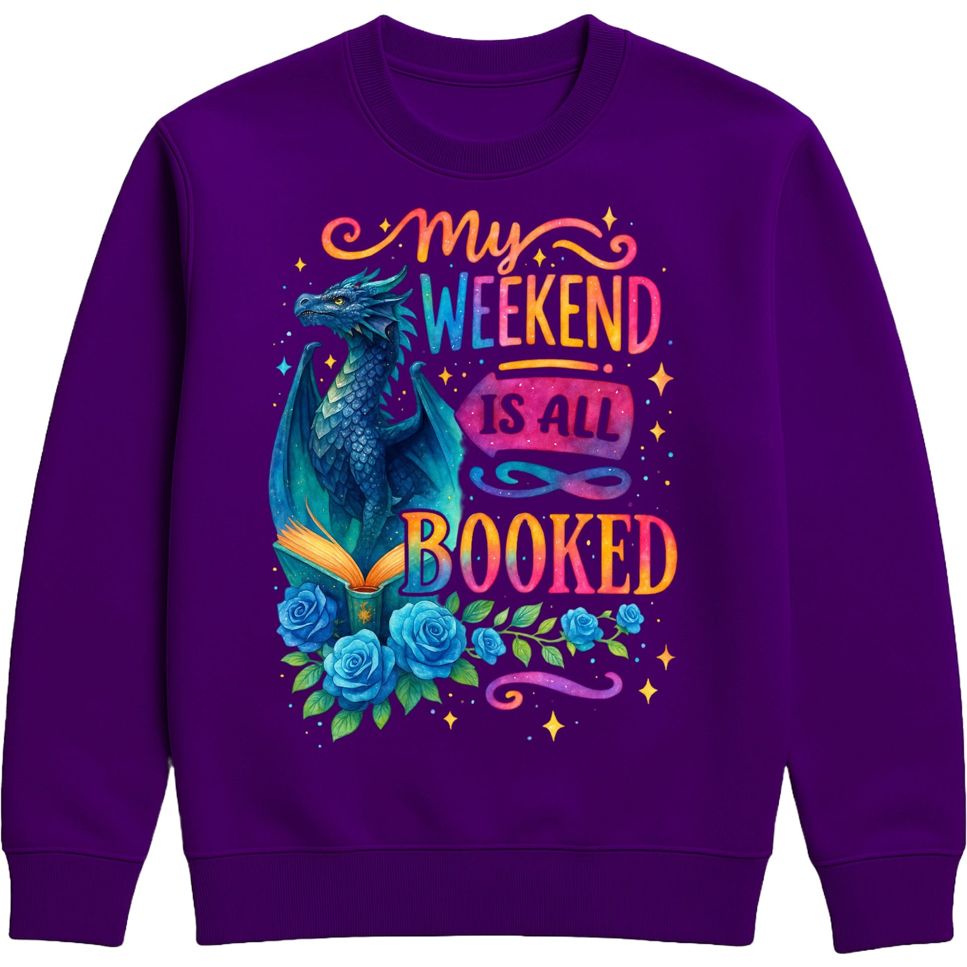 Cosy purple sweatshirt with whimsical blue dragon, roses, and “My Weekend Is All Booked” — the ultimate book lover’s outfit