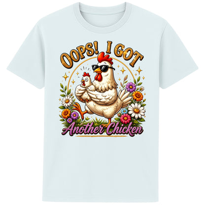 Blue ice colour Oops! I Got Another Chicken T-Shirt featuring a funny hen wearing sunglasses while carrying a chick, surrounded by colourful flowers for chicken lovers and backyard chicken keepers.