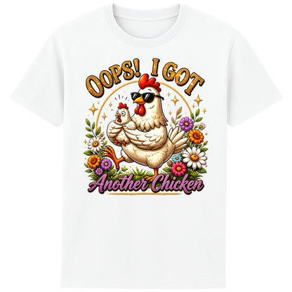 White Oops! I Got Another Chicken T-Shirt featuring a funny hen wearing sunglasses while carrying a chick, surrounded by colourful flowers for chicken lovers and backyard chicken keepers.