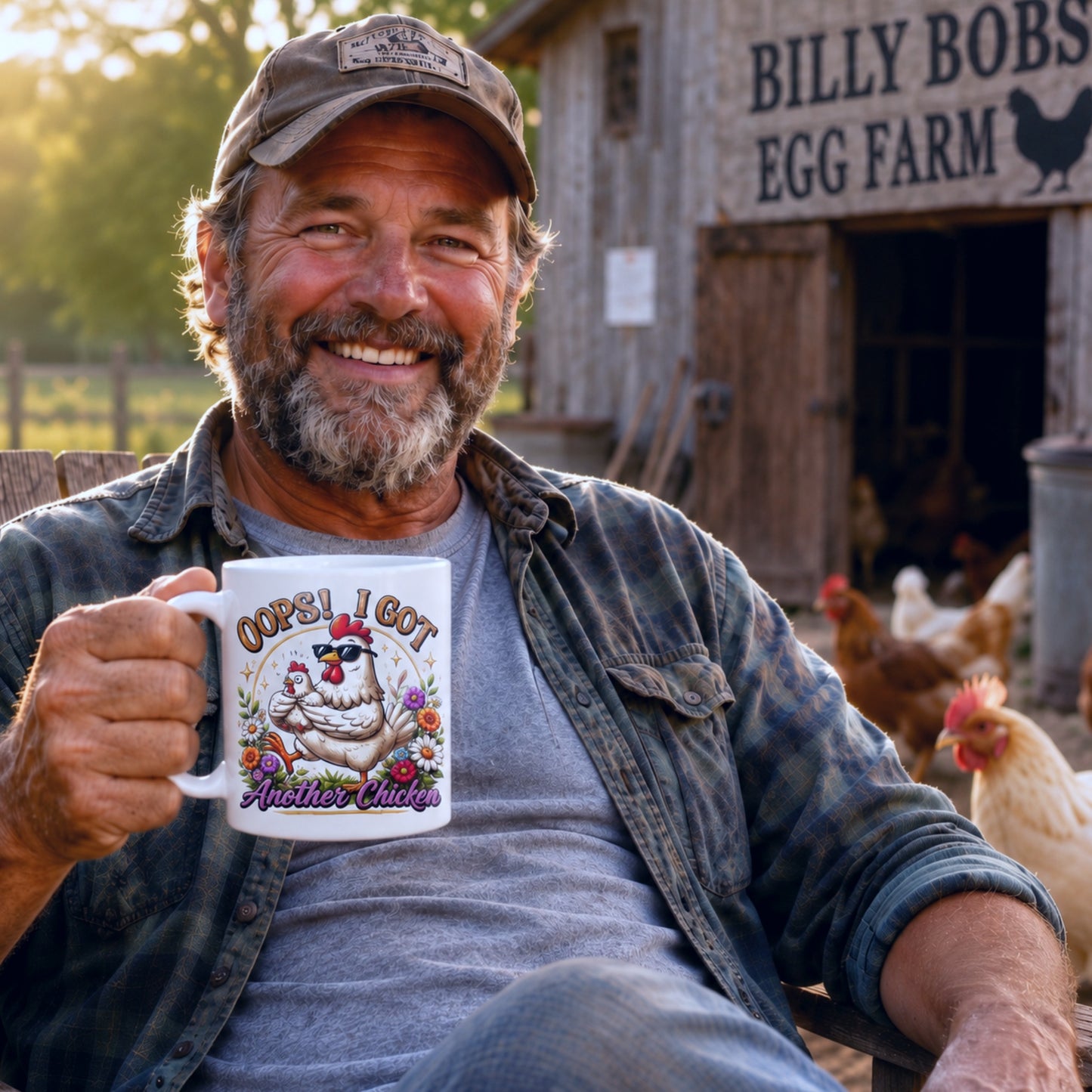 Farmer relaxing outside a chicken coop while holding the Oops! I Got Another Chicken Mug featuring a funny hen carrying a chick, surrounded by backyard chickens at sunset.