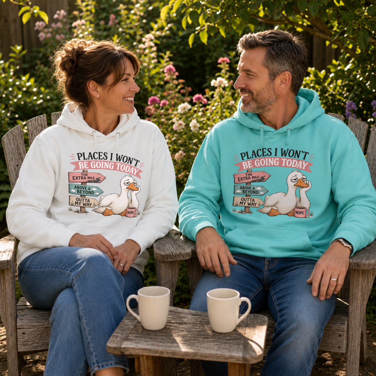 Couple wearing the Places I Won't Be Going Today Hoodie in white and peppermint while relaxing in a sunny garden. Funny sarcastic goose hoodie featuring a grumpy goose with a coffee mug and humorous signpost artwork.