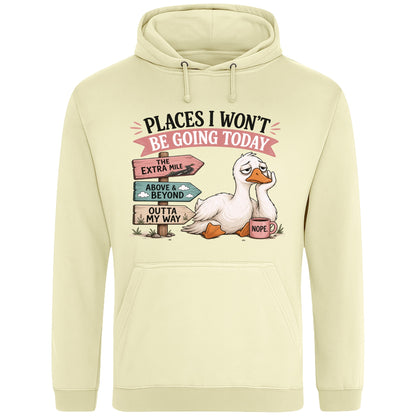 Vanilla milkshake colour Places I Won't Be Going Today funny sarcastic goose hoodie featuring a grumpy goose holding a coffee mug beside humorous signposts, a quirky graphic hoodie for introverts, coffee lovers and goose lovers.