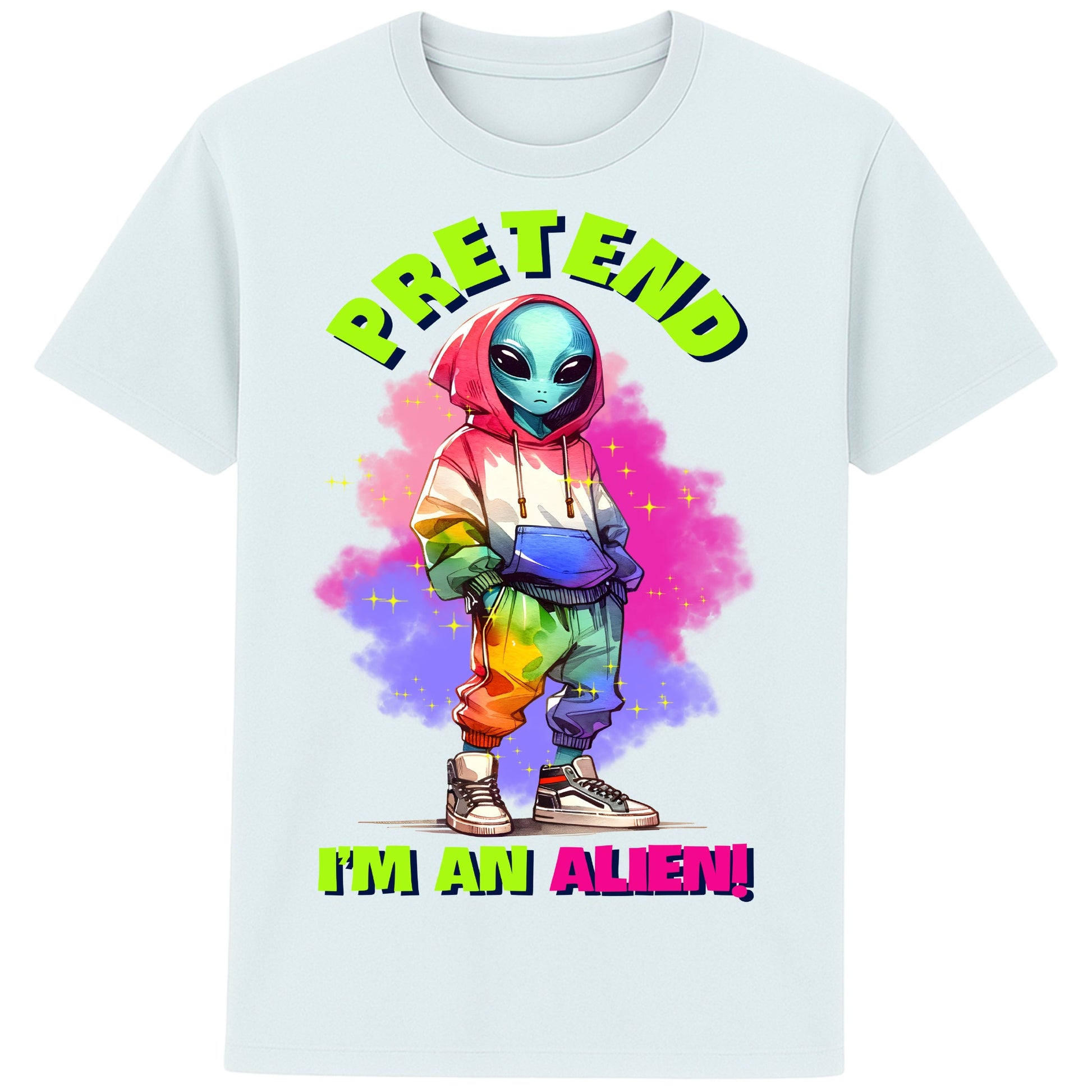 A blue ice colour Pretend I'm An Alien T-shirt featuring a cute colourful alien graphic with the slogan "Pretend I'm An Alien!", a funny alien graphic tee for sci-fi fans, gamers, UFO lovers, and quirky streetwear enthusiasts