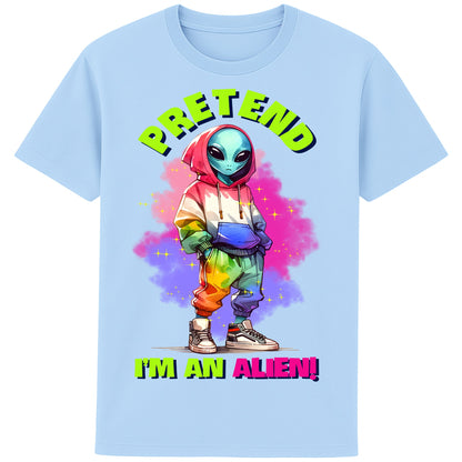A blue soul colour Pretend I'm An Alien T-shirt featuring a cute colourful alien graphic with the slogan "Pretend I'm An Alien!", a funny alien graphic tee for sci-fi fans, gamers, UFO lovers, and quirky streetwear enthusiasts