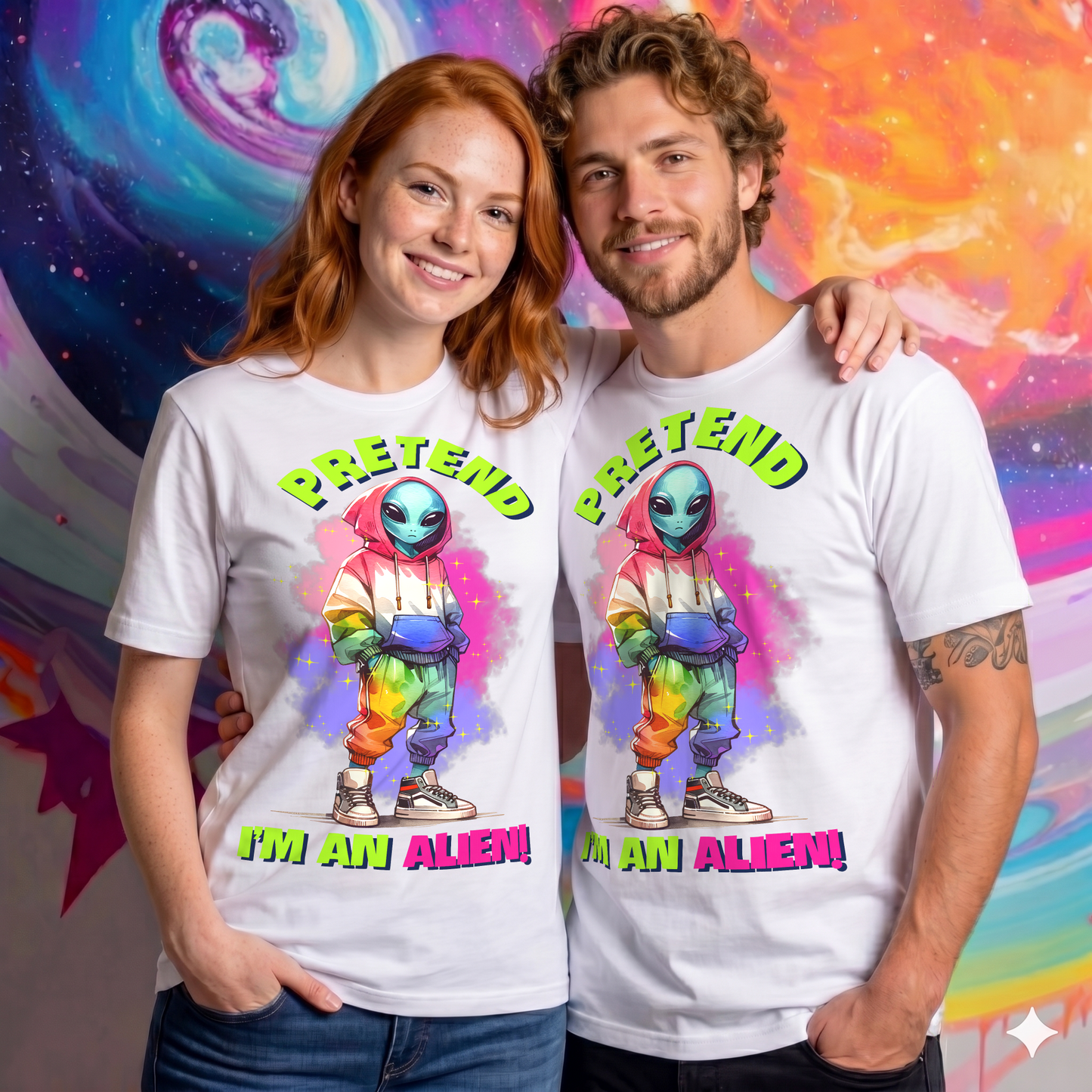 Couple wearing matching white Pretend I'm An Alien T-shirts featuring a colourful alien graphic and playful slogan, styled against a vibrant cosmic background for a fun sci-fi lifestyle mockup.