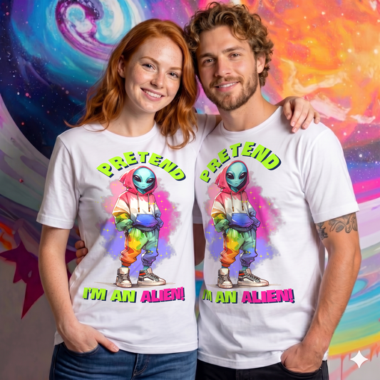 Couple wearing matching white Pretend I'm An Alien T-shirts featuring a colourful alien graphic and playful slogan, styled against a vibrant cosmic background for a fun sci-fi lifestyle mockup.