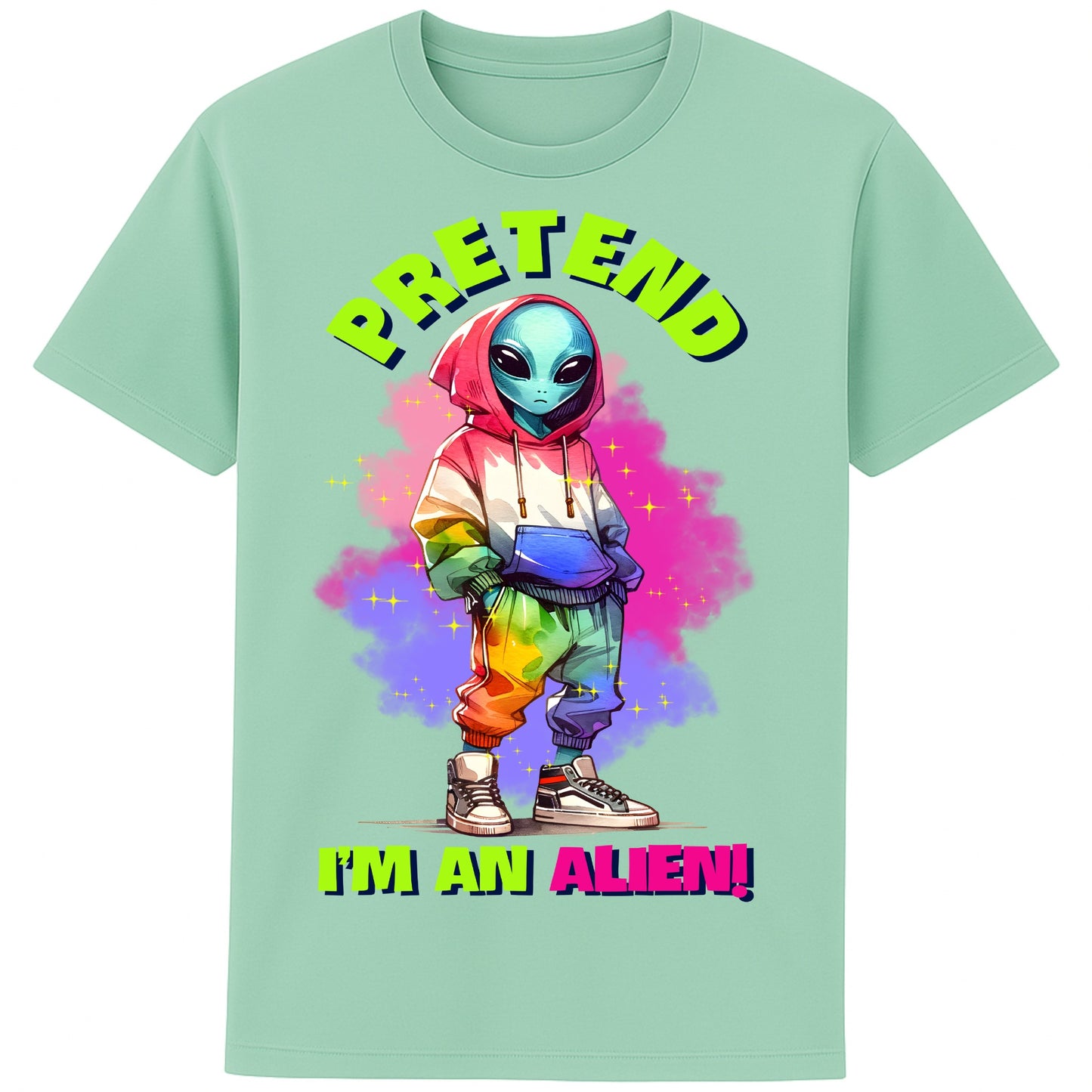 A misty jade colour Pretend I'm An Alien T-shirt featuring a cute colourful alien graphic with the slogan "Pretend I'm An Alien!", a funny alien graphic tee for sci-fi fans, gamers, UFO lovers, and quirky streetwear enthusiasts