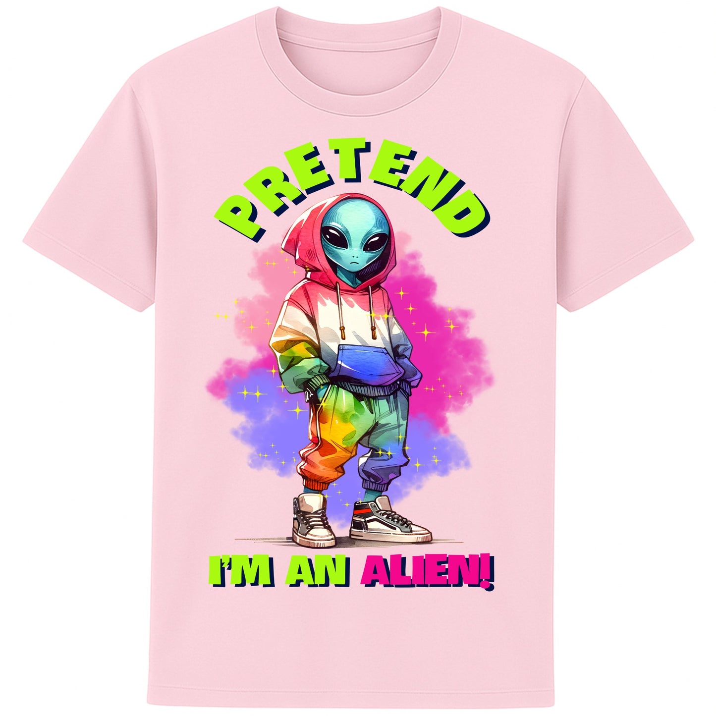 A pink Pretend I'm An Alien T-shirt featuring a cute colourful alien graphic with the slogan "Pretend I'm An Alien!", a funny alien graphic tee for sci-fi fans, gamers, UFO lovers, and quirky streetwear enthusiasts