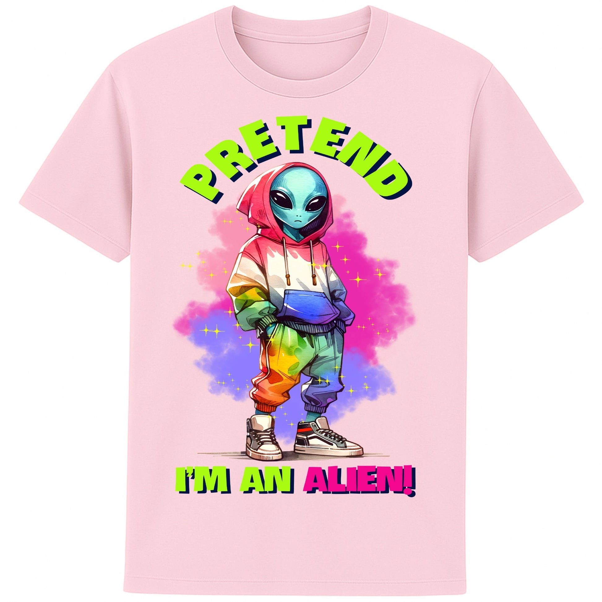 A pink Pretend I'm An Alien T-shirt featuring a cute colourful alien graphic with the slogan "Pretend I'm An Alien!", a funny alien graphic tee for sci-fi fans, gamers, UFO lovers, and quirky streetwear enthusiasts