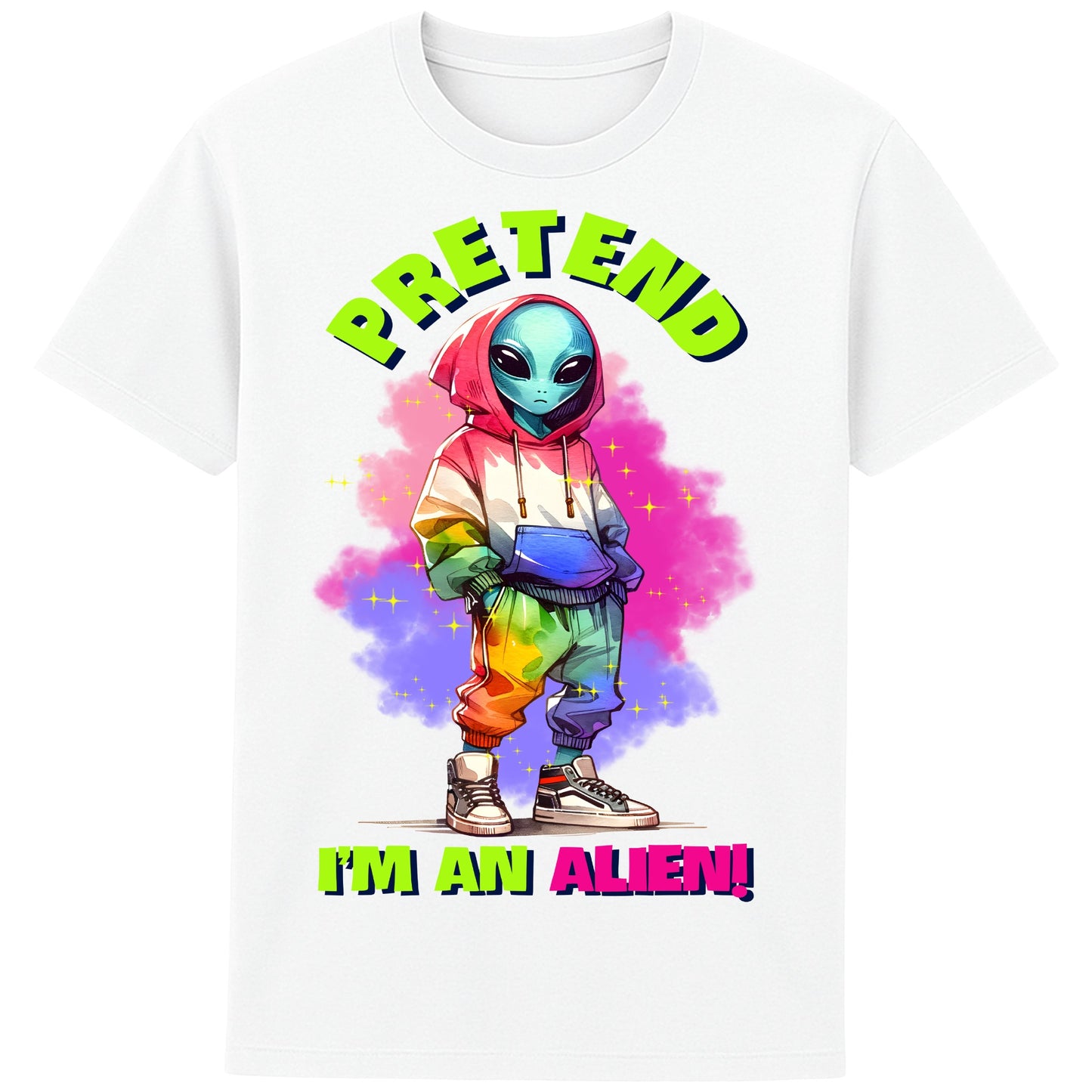 White Pretend I'm An Alien T-shirt featuring a cute colourful alien graphic with the slogan "Pretend I'm An Alien!", a funny alien graphic tee for sci-fi fans, gamers, UFO lovers, and quirky streetwear enthusiasts