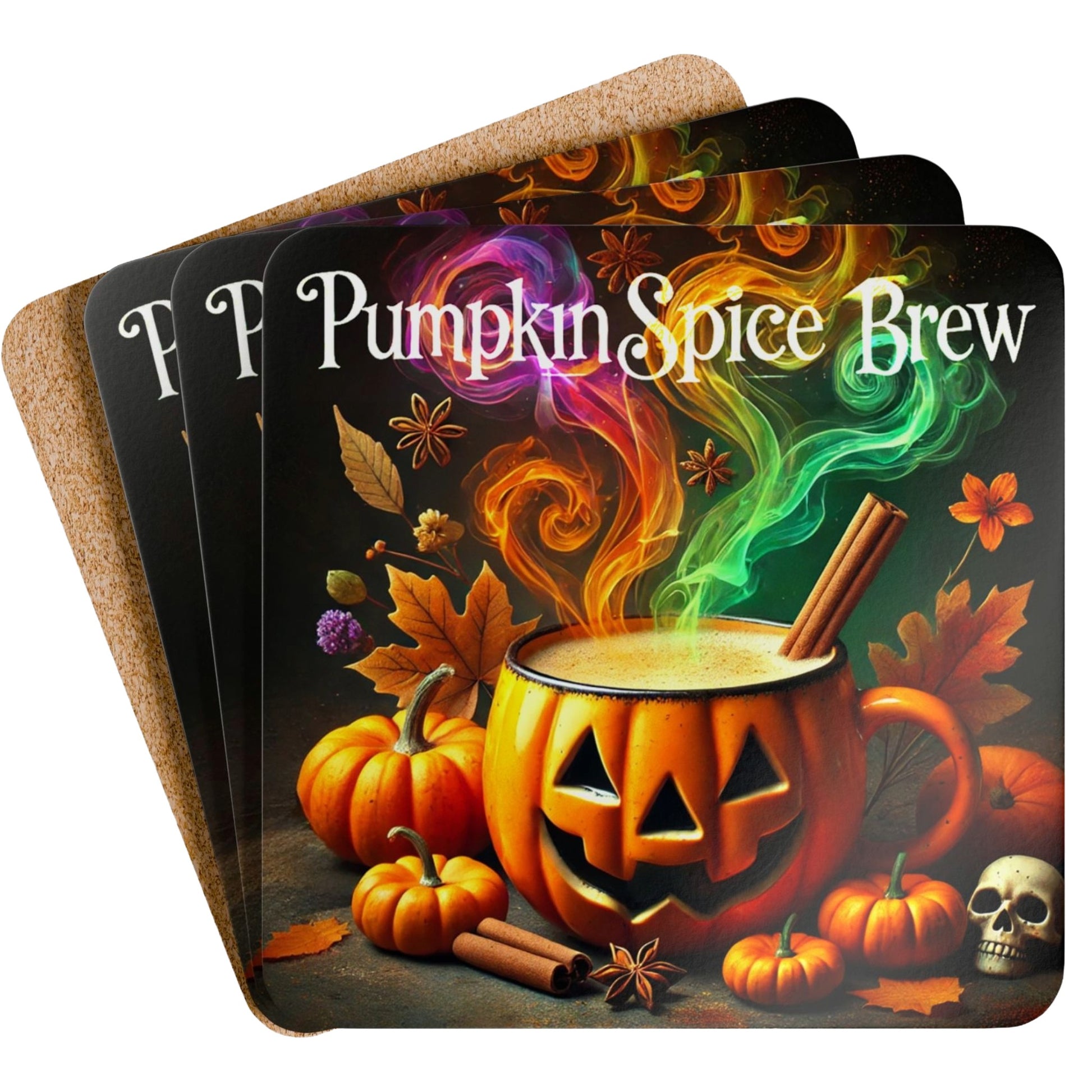 Set of 4 pumpkin spice Halloween coasters with a jack-o’-lantern mug design on a rustic wooden table with autumn leaves and candles.