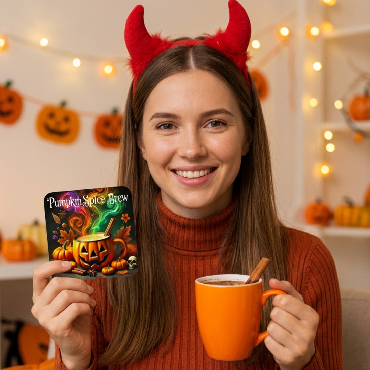 Woman holding a Pumpkin Spice Brew Halloween coaster with a glowing jack-o'-lantern mug design while enjoying a pumpkin spice drink in cosy autumn Halloween décor.