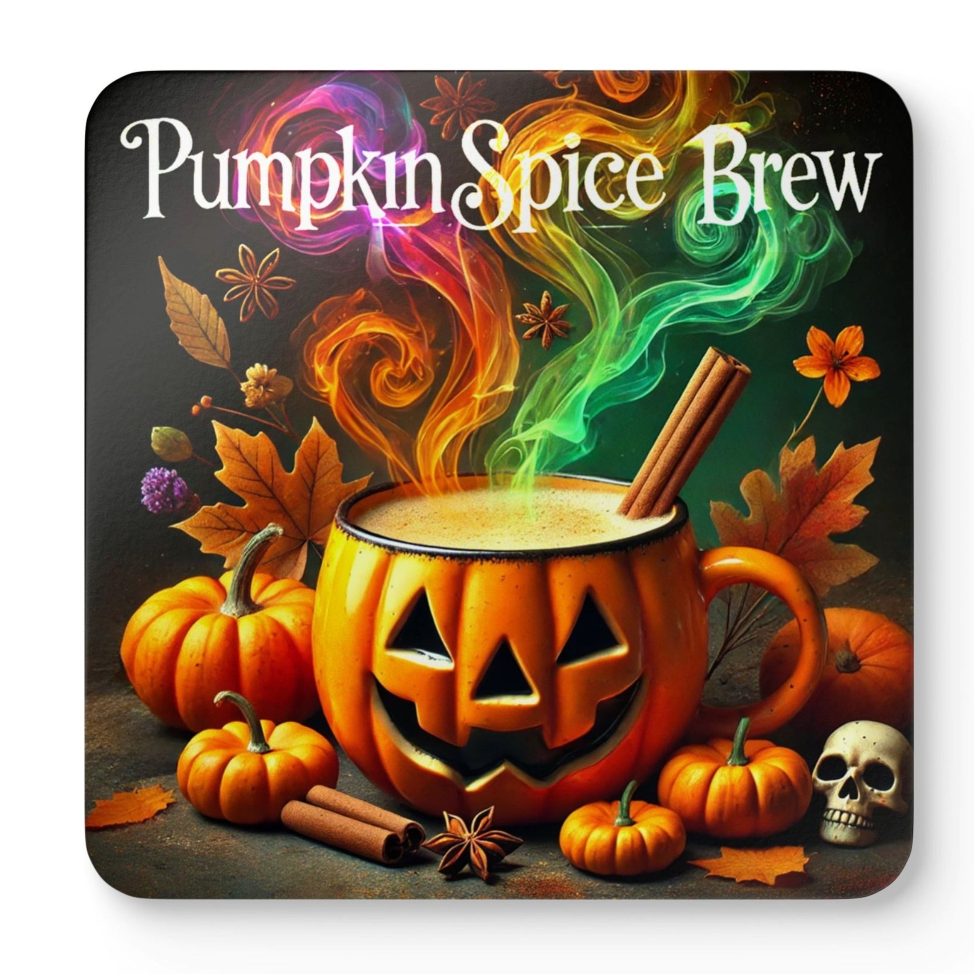 Colourful Pumpkin Spice Brew Halloween coaster featuring a smiling jack-o'-lantern mug with autumn leaves, cinnamon sticks, pumpkins, and spooky seasonal artwork for coffee lovers.