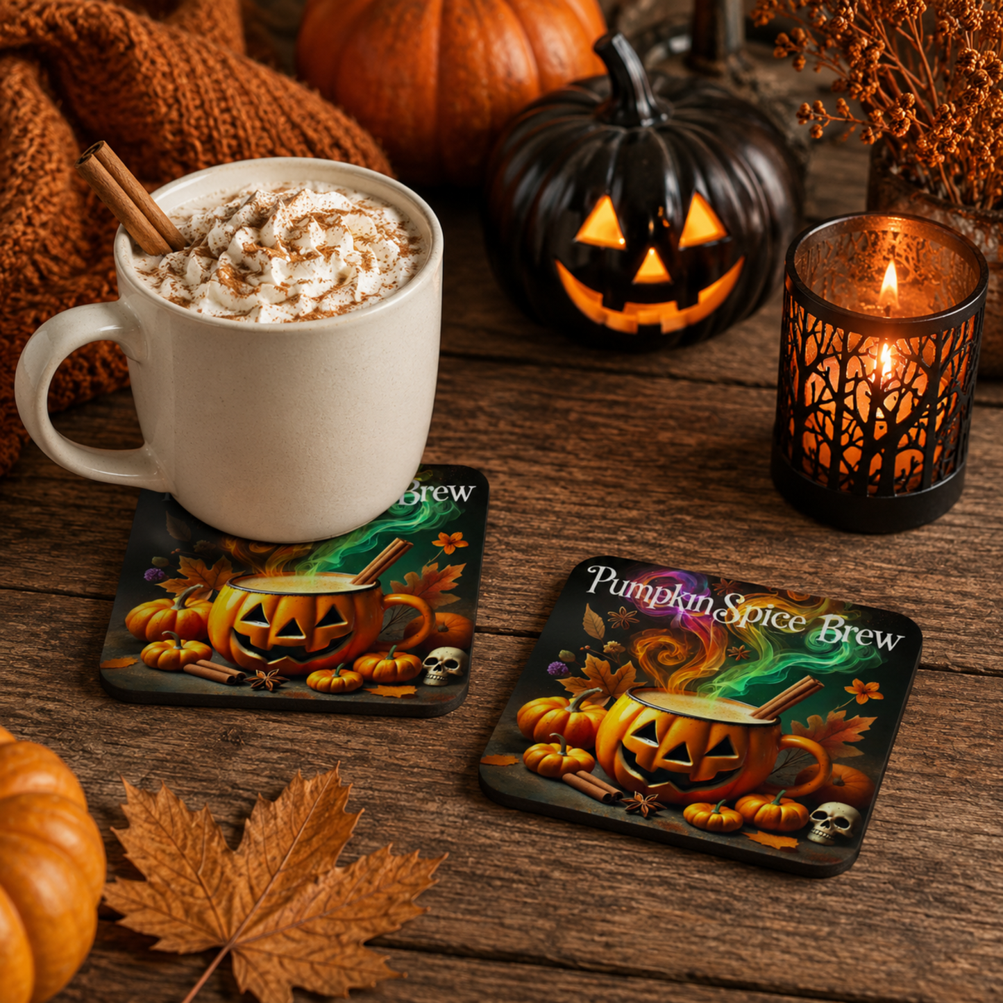 Pumpkin Spice Brew Halloween coaster under a cream mug with hot chocolate, alongside a matching coaster on a rustic autumn coffee table with pumpkins, candlelight, and cosy Halloween décor.