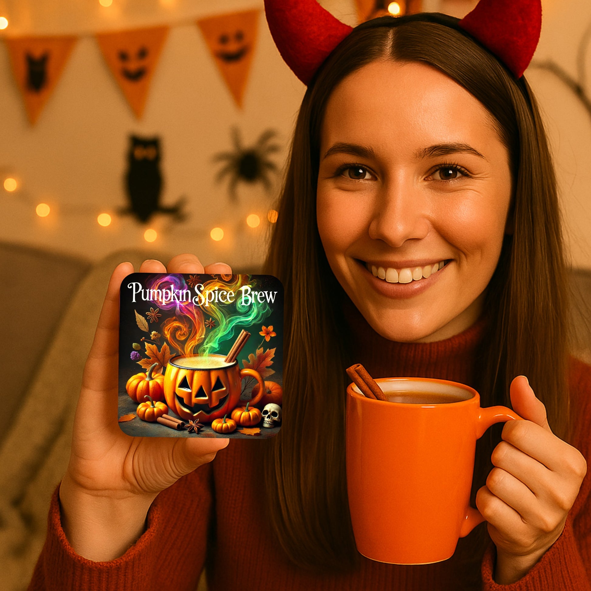 Person wearing devil horns holding a coaster with 'Pumpkin Spice Brew' 