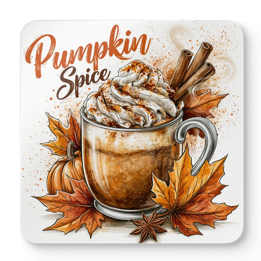 Pumpkin Spice coaster with a glass latte mug, whipped cream, cinnamon sticks, pumpkin and autumn leaves on a cork backed drink coaster.