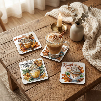Lifestyle mockup of a Pumpkin Spice coaster set on a rustic wooden coffee table with a pumpkin spice latte, lit candle, cream knit blanket and autumn home décor.