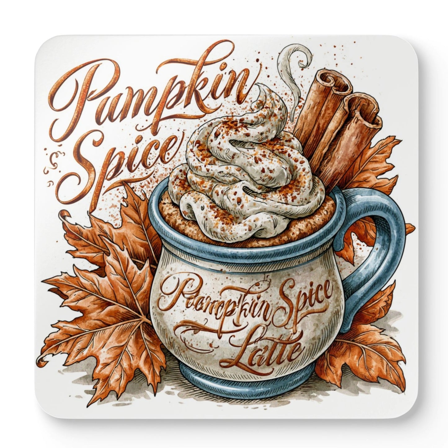 Pumpkin Spice Latte coaster featuring a blue autumn mug with whipped cream, cinnamon sticks and colourful fall leaves on a cork backed coaster.