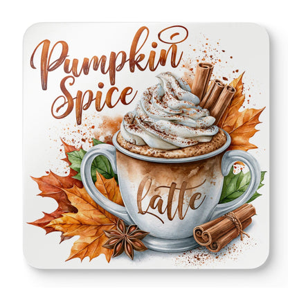 Pumpkin Spice Latte coaster with a grey mug, whipped cream, cinnamon sticks, star anise and colourful autumn leaves on a cork backed coaster.