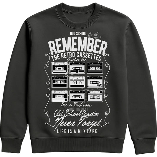 Cozy black sweatshirt with a colorful retro cassette design — perfect for music lovers and vintage style fans who adore nostalgic 90s vibes.