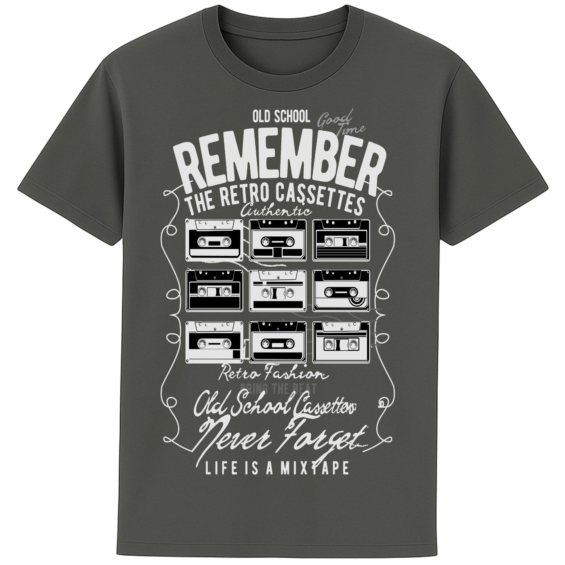 Grey Old-school music lover’s tee featuring colourful cassette tapes and fun retro typography.