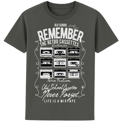 Grey Old-school music lover’s tee featuring colourful cassette tapes and fun retro typography.