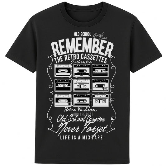 Black Old-school music lover’s tee featuring colourful cassette tapes and fun retro typography.