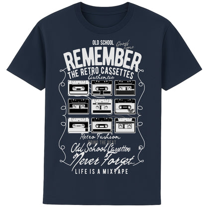 Navy Old-school music lover’s tee featuring colourful cassette tapes and fun retro typography.