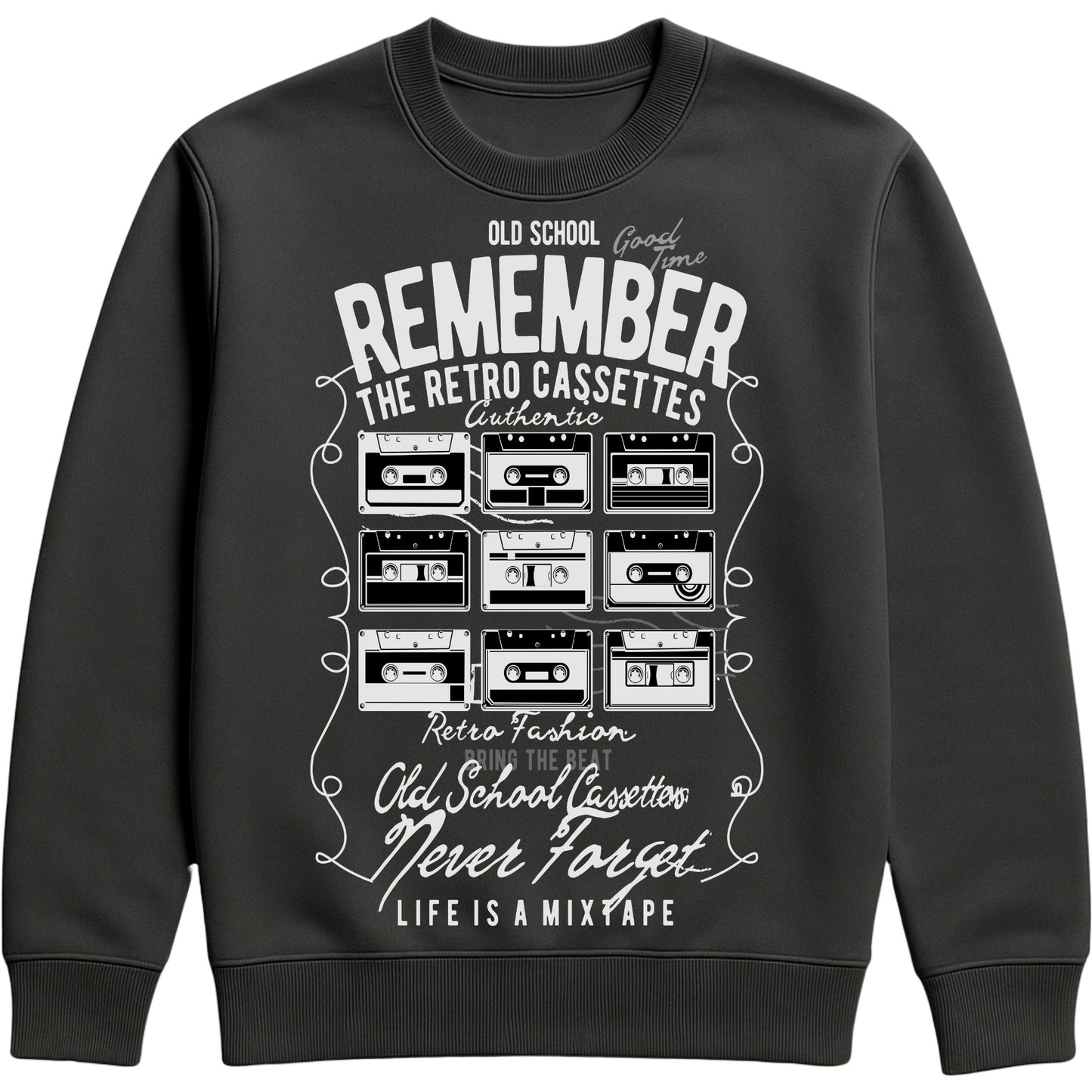 Black Remember The Retro Cassettes sweatshirt featuring a grid of vintage cassette tapes with a retro music graphic, inspired by 80s and 90s mixtape nostalgia for music lovers.