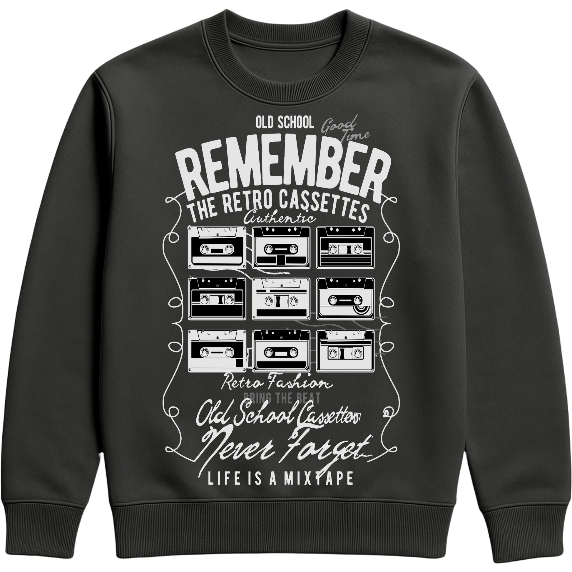 Black Remember The Retro Cassettes sweatshirt featuring a grid of vintage cassette tapes with a retro music graphic, inspired by 80s and 90s mixtape nostalgia for music lovers.