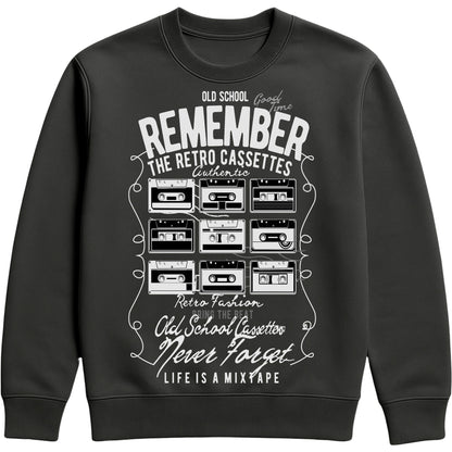 Black Remember The Retro Cassettes sweatshirt featuring a grid of vintage cassette tapes with a retro music graphic, inspired by 80s and 90s mixtape nostalgia for music lovers.