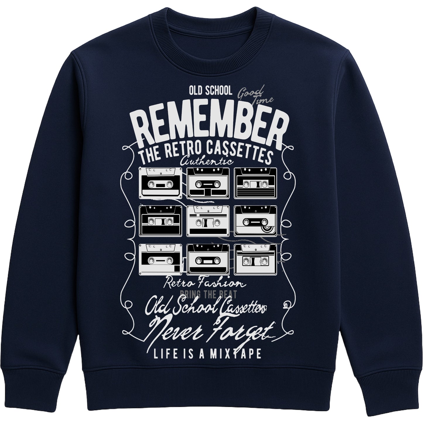French Navy Remember The Retro Cassettes sweatshirt featuring a grid of vintage cassette tapes with a retro music graphic, inspired by 80s and 90s mixtape nostalgia for music lovers.