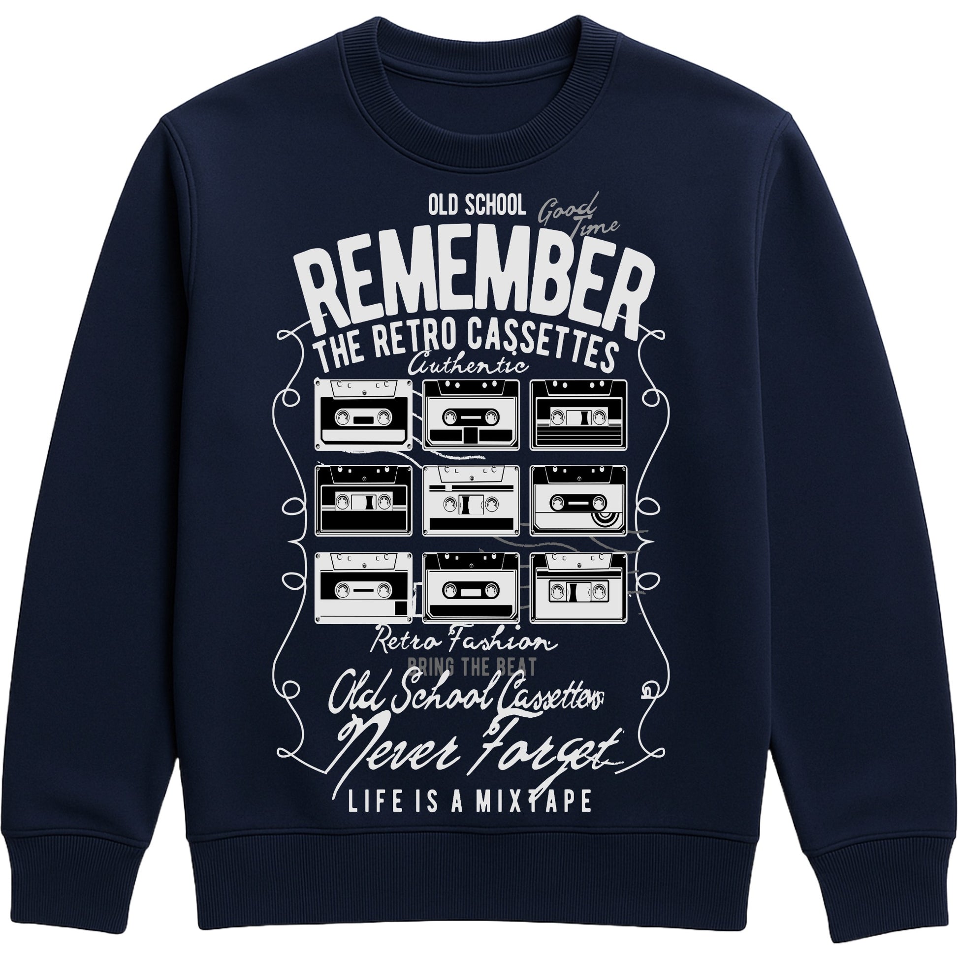 French Navy Remember The Retro Cassettes sweatshirt featuring a grid of vintage cassette tapes with a retro music graphic, inspired by 80s and 90s mixtape nostalgia for music lovers.