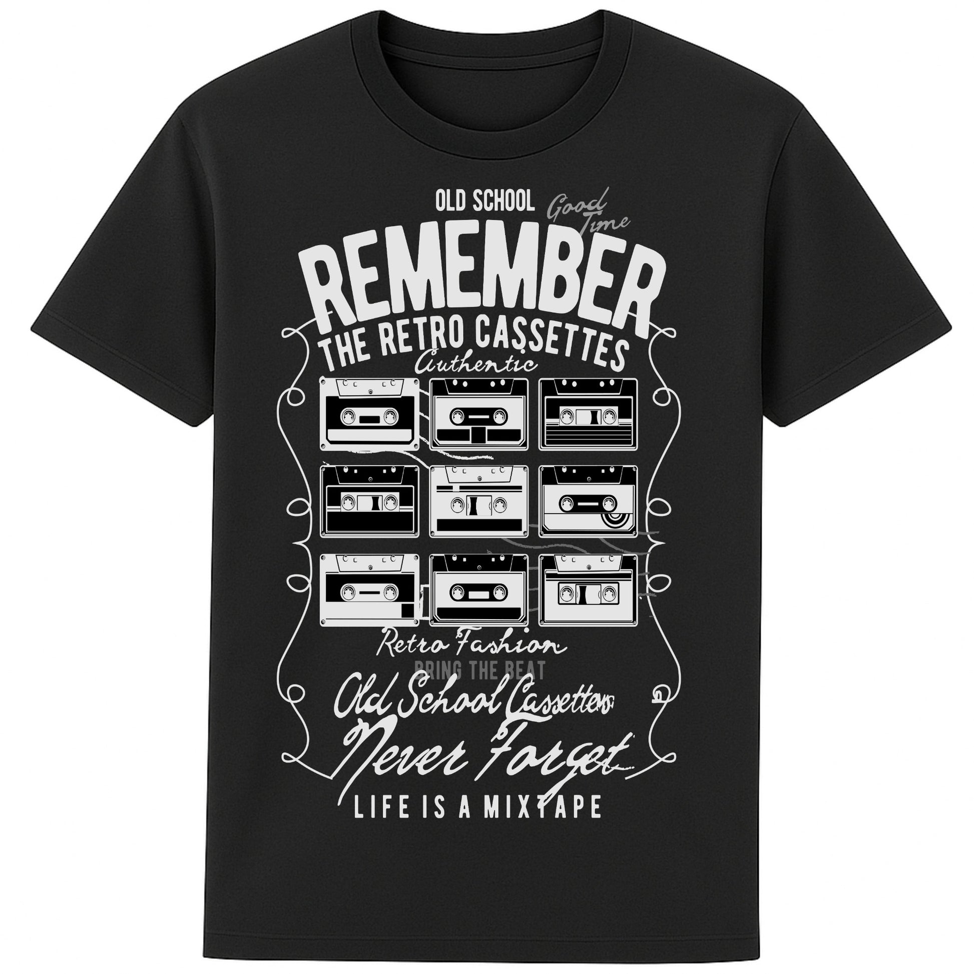 Black Remember The Retro Cassettes T-shirt featuring a grid of vintage cassette tapes, retro music graphic, and nostalgic 80s & 90s mixtape design for music lovers.