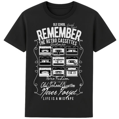 Black Remember The Retro Cassettes T-shirt featuring a grid of vintage cassette tapes, retro music graphic, and nostalgic 80s & 90s mixtape design for music lovers.