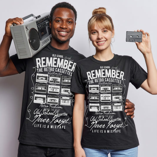 Man and woman wearing the Remember The Retro Cassettes black T-shirt featuring a vintage cassette tape graphic, with a retro boombox and cassette tape for an 80s and 90s music-inspired lifestyle mockup.