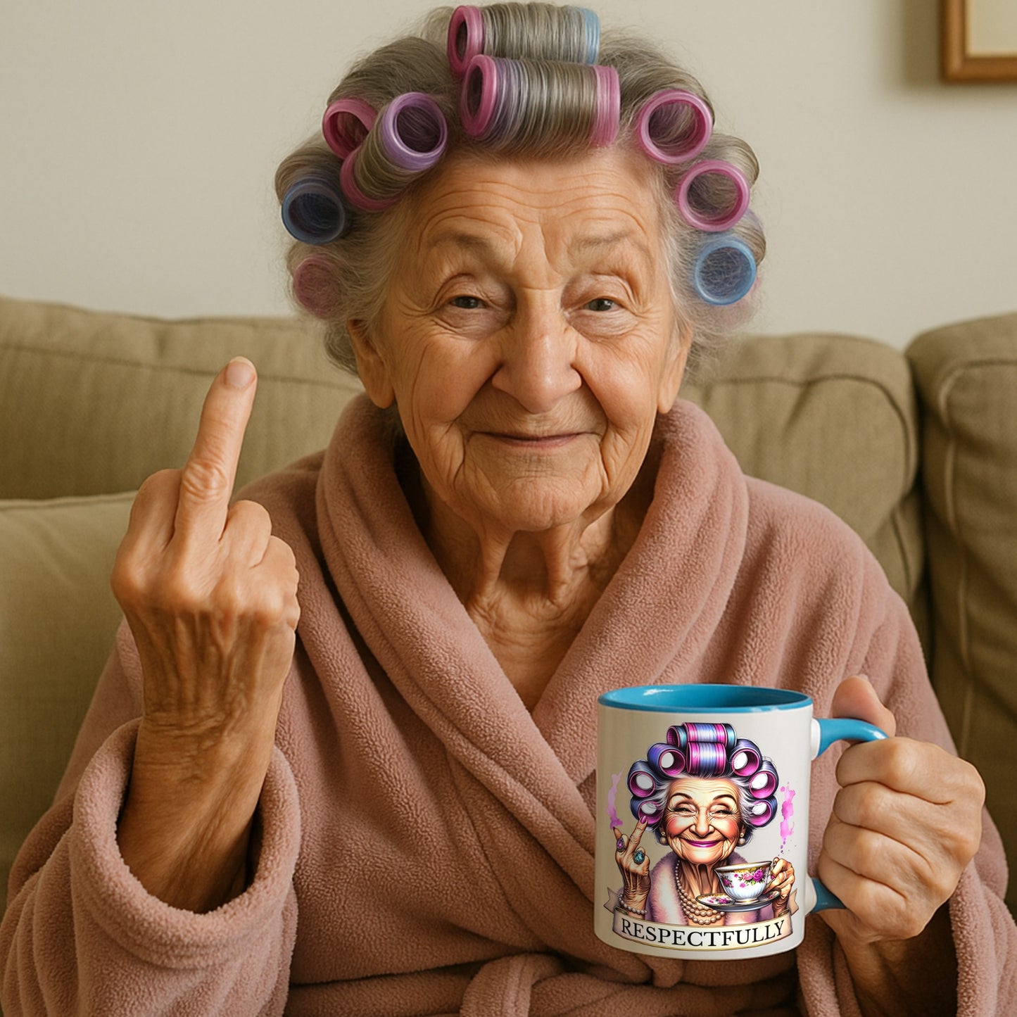 Lifestyle mockup of an elderly woman in colourful hair rollers holding the Respectfully funny sarcastic coffee mug while playfully giving the middle finger in a cosy living room.