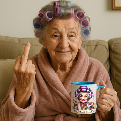 Lifestyle mockup of an elderly woman in colourful hair rollers holding the Respectfully funny sarcastic coffee mug while playfully giving the middle finger in a cosy living room.