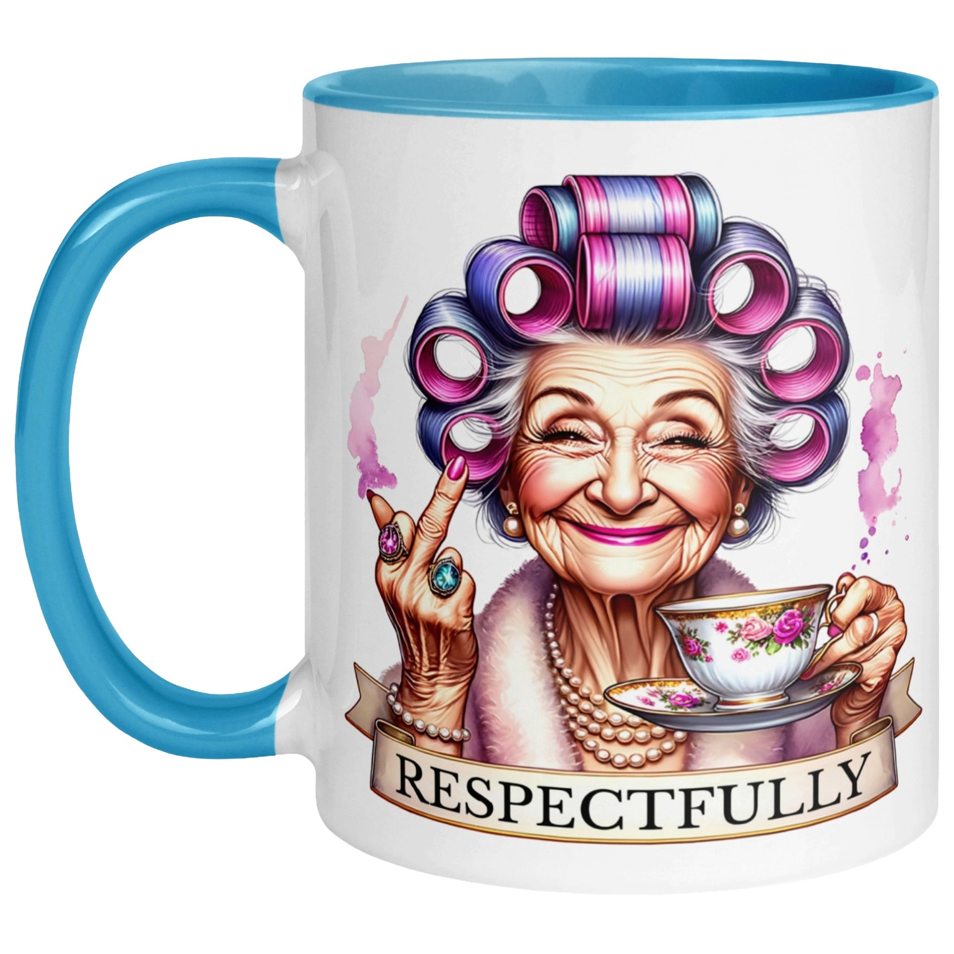 Funny sarcastic coffee mug featuring a sassy grandma with colourful hair rollers, pearls, a teacup and a cheeky middle finger on a white ceramic blue colour mug.
