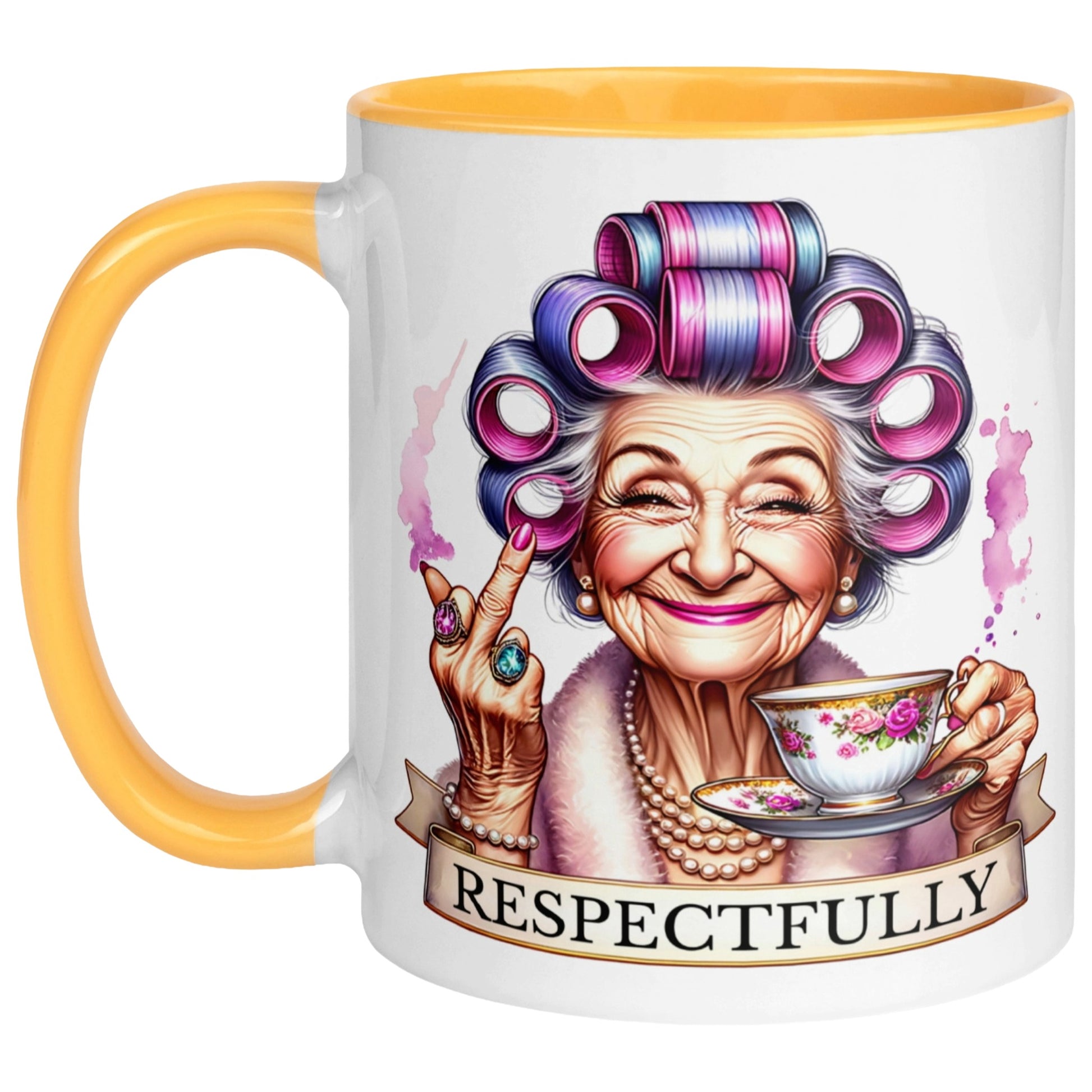 Funny sarcastic coffee mug featuring a sassy grandma with colourful hair rollers, pearls, a teacup and a cheeky middle finger on a white ceramic golden yellow colour mug.
